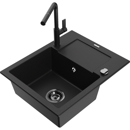 Mexen Enzo granite kitchen sink 1-bowl with drainer and Flora kitchen faucet, black - 6506-77-670401-70-B