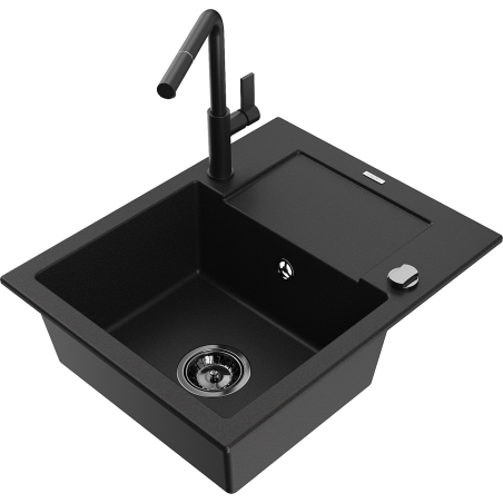 Mexen Enzo granite kitchen sink 1-bowl with drainer and Flora kitchen tap, black - 6506-77-670401-70-B