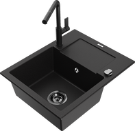 Mexen Enzo 1-compartment granite sink with a drip tray and kitchen mixer tap Flora, Black - 6506-77-670401-70-B