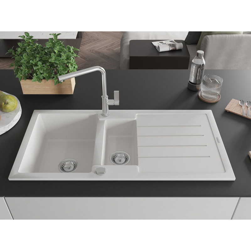 Mexen Andres granite sink 1.5-bowl with drainer and Flora kitchen faucet, white - 6515-20-670401-00