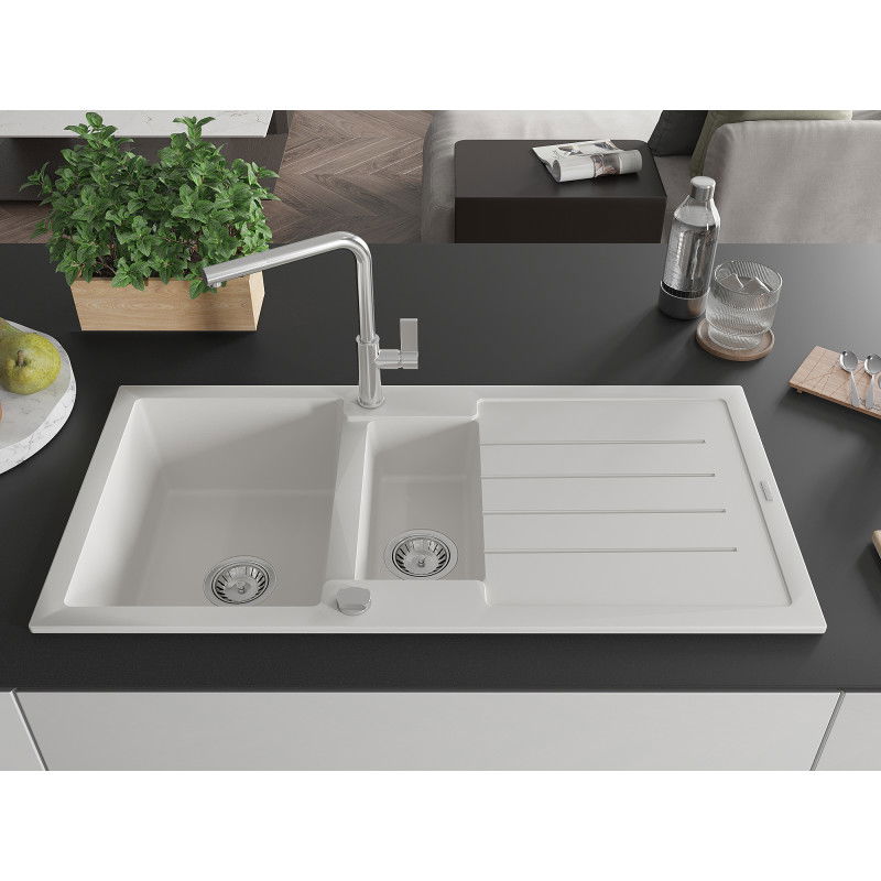 Mexen Andres granite sink 1.5-bowl with drainer and Flora kitchen tap, white - 6515-20-670401-00