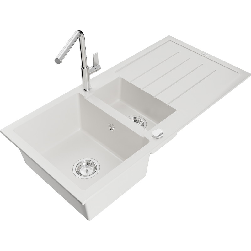 Mexen Andres granite sink 1.5-bowl with drainer and Flora kitchen faucet, white - 6515-20-670401-00