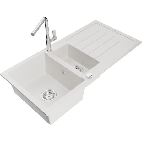 Mexen Andres granite sink 1.5-bowl with drainer and Flora kitchen tap, white - 6515-20-670401-00