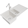 Mexen Andres 1.5-compartment granite sink with a drip tray and kitchen mixer tap Flora, White - 6515-20-670401-00