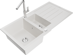 Mexen Andres granite sink 1.5-bowl with drainer and Flora kitchen faucet, white - 6515-20-670401-00