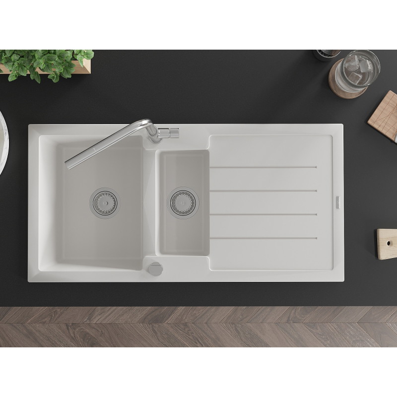 Mexen Andres granite sink 1.5-bowl with drainer and Flora kitchen faucet, white - 6515-20-670401-00
