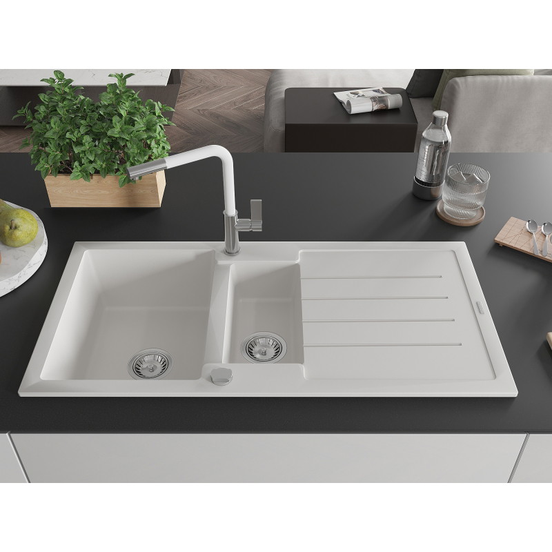 Mexen Andres granite sink 1.5-bowl with drainer and Flora kitchen faucet, white - 6515-20-670401-02