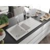 Mexen Andres granite sink 1.5-bowl with drainer and Flora kitchen faucet, white - 6515-20-670401-02