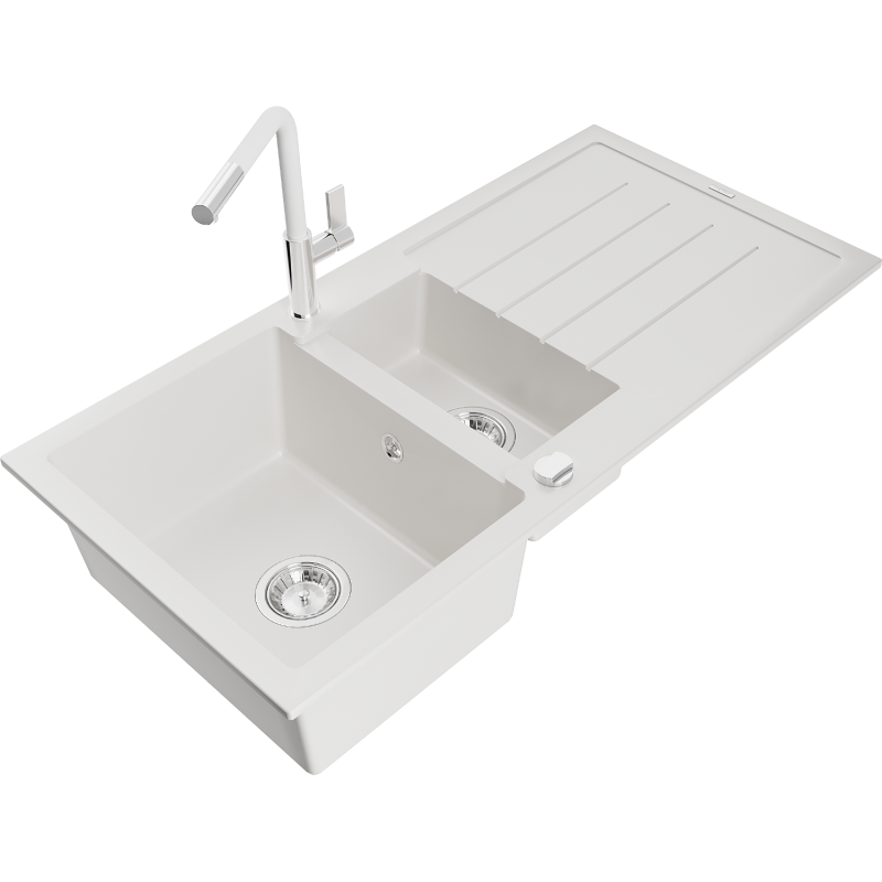 Mexen Andres 1.5-compartment granite sink with a drip tray and kitchen mixer tap Flora, White - 6515-20-670401-02