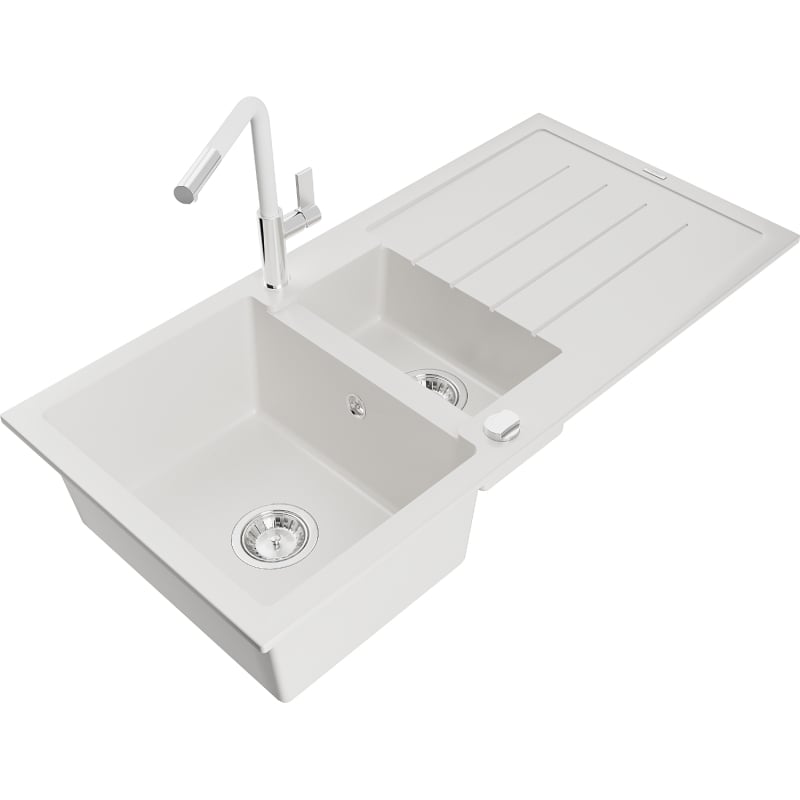 Mexen Andres granite sink 1.5-bowl with drainer and Flora kitchen faucet, white - 6515-20-670401-02
