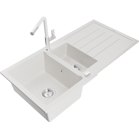 Mexen Andres 1.5-bowl granite sink with drainer and Flora kitchen tap, white - 6515-20-670401-02
