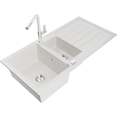 Mexen Andres granite sink 1.5-bowl with drainer and Flora kitchen faucet, white - 6515-20-670401-02