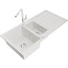 Mexen Andres granite sink 1.5-bowl with drainer and Flora kitchen faucet, white - 6515-20-670401-02