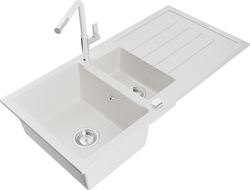 Mexen Andres granite sink 1.5-bowl with drainer and Flora kitchen faucet, white - 6515-20-670401-02