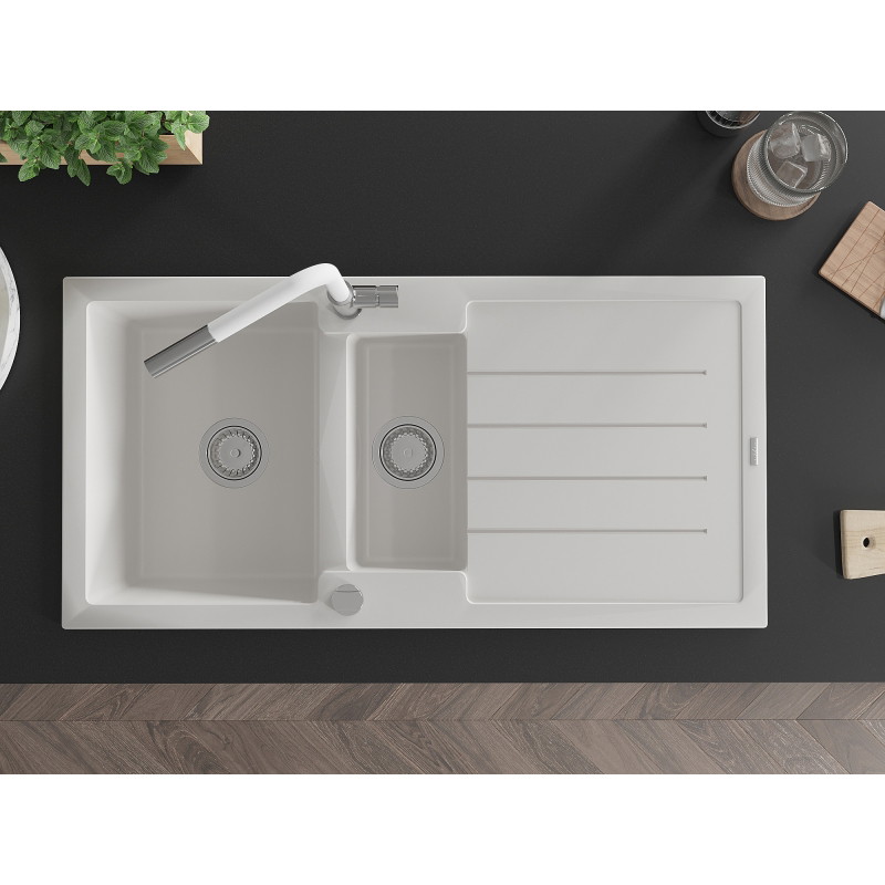 Mexen Andres granite sink 1.5-bowl with drainer and Flora kitchen faucet, white - 6515-20-670401-02