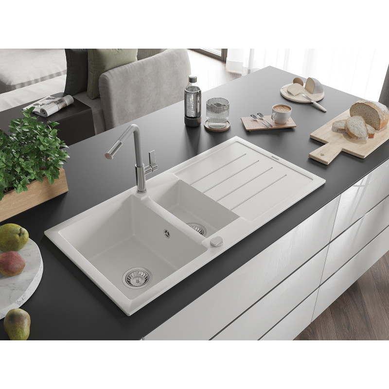 Mexen Andres 1.5-bowl granite sink with drainer and Flora kitchen faucet, white - 6515-20-670401-06