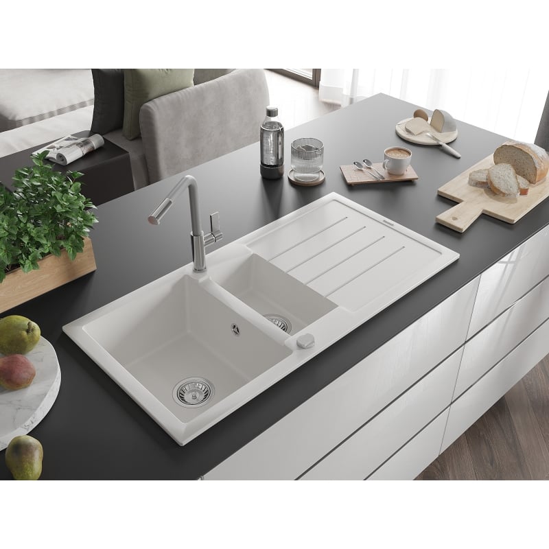 Mexen Andres granite sink 1.5-bowl with drainer and Flora kitchen faucet, white - 6515-20-670401-06