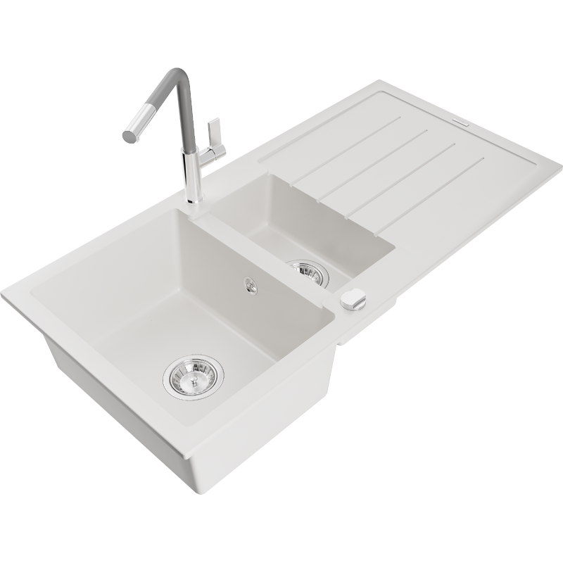 Mexen Andres 1.5-compartment granite sink with a drip tray and kitchen mixer tap Flora, White - 6515-20-670401-06