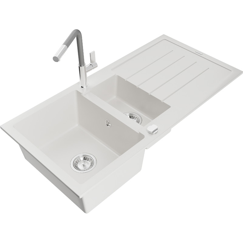 Mexen Andres granite sink 1.5-bowl with drainer and Flora kitchen faucet, white - 6515-20-670401-06
