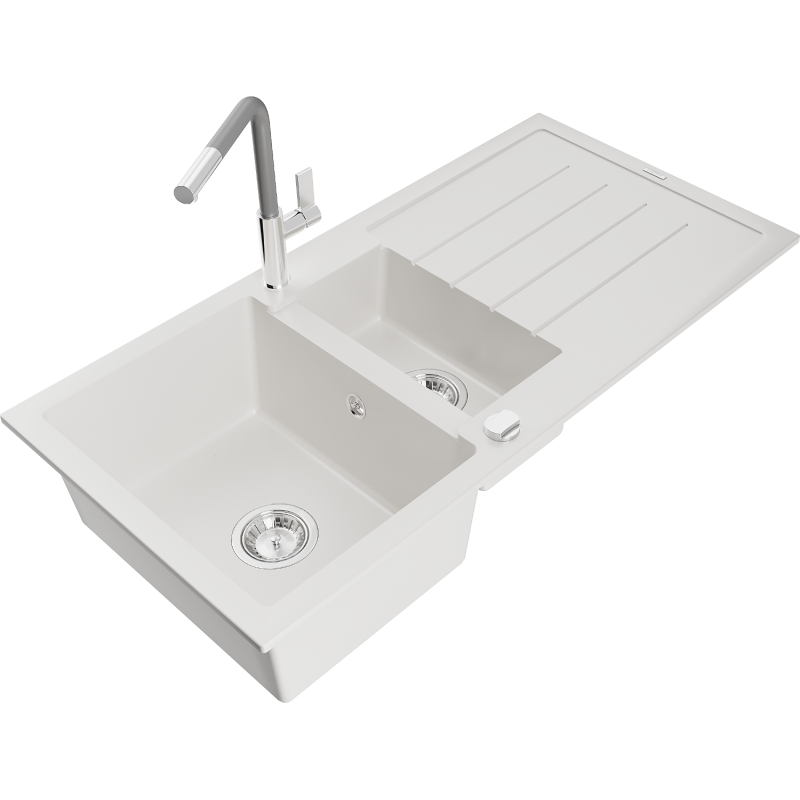 Mexen Andres granite sink 1.5-bowl with drainer and Flora kitchen tap, white - 6515-20-670401-06