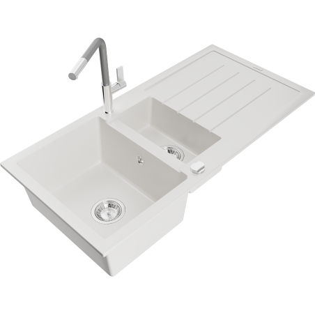 Mexen Andres 1.5-bowl granite sink with drainer and Flora kitchen faucet, white - 6515-20-670401-06