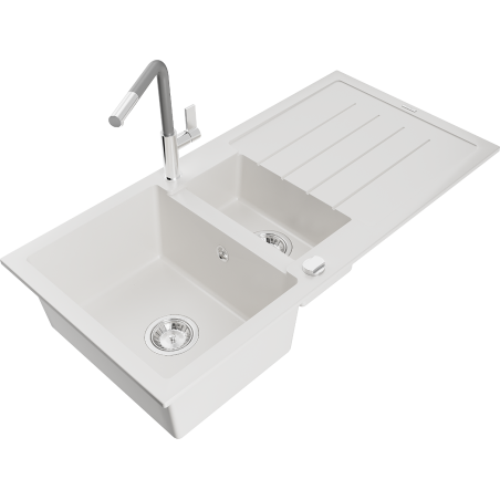 Mexen Andres granite sink 1.5-bowl with drainer and Flora kitchen tap, white - 6515-20-670401-06