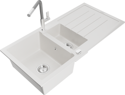Mexen Andres 1.5-compartment granite sink with a drip tray and kitchen mixer tap Flora, White - 6515-20-670401-06
