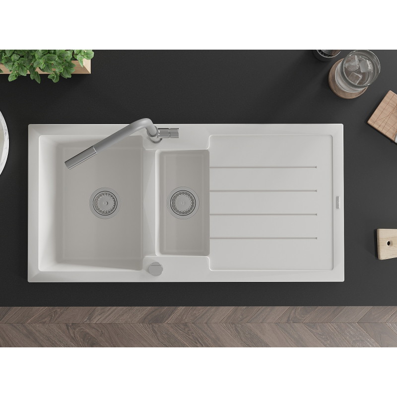 Mexen Andres 1.5-bowl granite sink with drainer and Flora kitchen faucet, white - 6515-20-670401-06