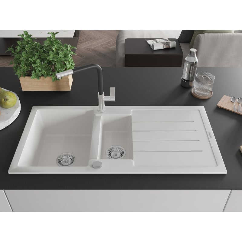 Mexen Andres 1.5-bowl granite sink with drainer and Flora kitchen faucet, white - 6515-20-670401-07