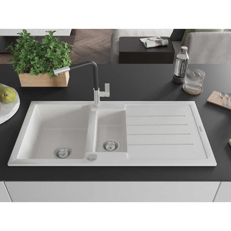 Mexen Andres granite sink with 1.5 bowls, drainer, and Flora kitchen faucet, white - 6515-20-670401-07