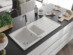 Mexen Andres granite sink with 1.5 bowls, drainer, and Flora kitchen faucet, white - 6515-20-670401-07