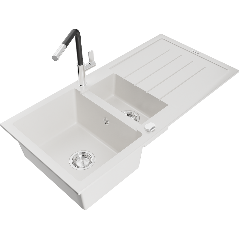 Mexen Andres granite sink 1.5-bowl with drainer and Flora kitchen tap, white - 6515-20-670401-07