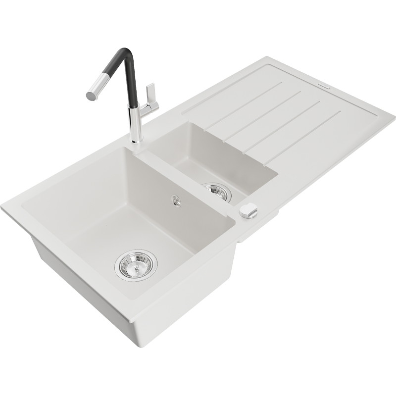 Mexen Andres granite sink with 1.5 bowls, drainer, and Flora kitchen faucet, white - 6515-20-670401-07