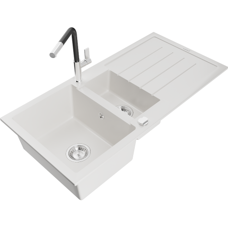 Mexen Andres granite sink 1.5-bowl with drainer and Flora kitchen tap, white - 6515-20-670401-07
