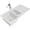 Mexen Andres 1.5-compartment granite sink with a drip tray and kitchen mixer tap Flora, White - 6515-20-670401-07