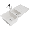 Mexen Andres granite sink 1.5-bowl with drainer and Flora kitchen tap, white - 6515-20-670401-07