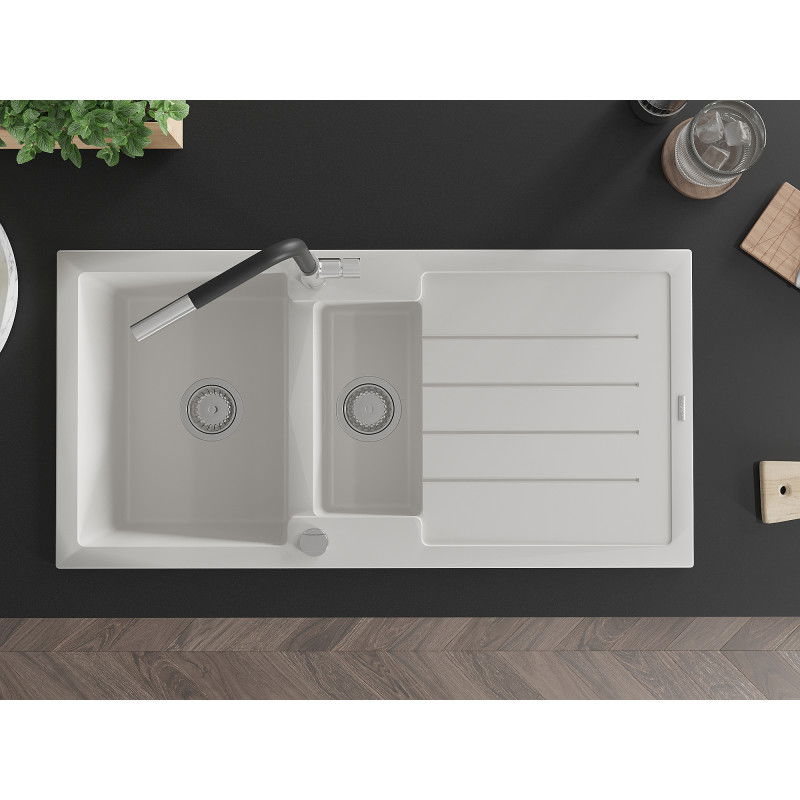 Mexen Andres granite sink 1.5-bowl with drainer and Flora kitchen tap, white - 6515-20-670401-07