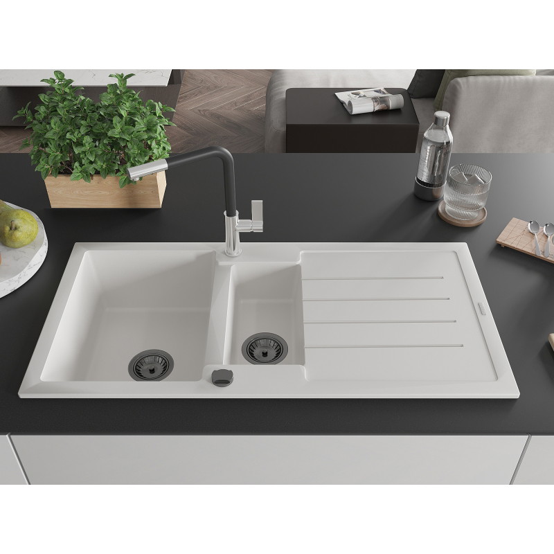 Mexen Andres 1.5-bowl granite sink with drainer and Flora kitchen faucet, white - 6515-20-670401-07-B