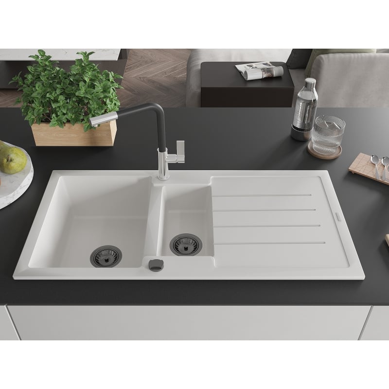 Mexen Andres granite sink 1.5-bowl with drainer and Flora kitchen faucet, white - 6515-20-670401-07-B