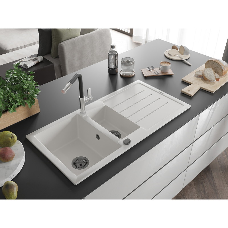 Mexen Andres granite sink 1.5-bowl with drainer and Flora kitchen faucet, white - 6515-20-670401-07-B