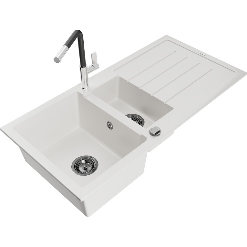 Mexen Andres 1.5-bowl granite sink with drainer and Flora kitchen faucet, white - 6515-20-670401-07-B
