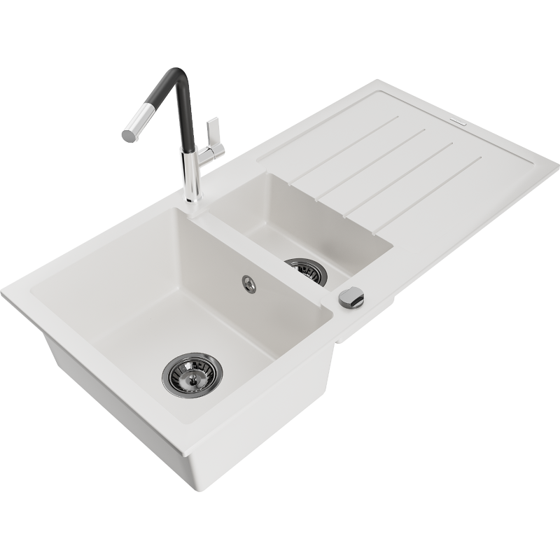 Mexen Andres 1.5-compartment granite sink with a drip tray and kitchen mixer tap Flora, White - 6515-20-670401-07-B