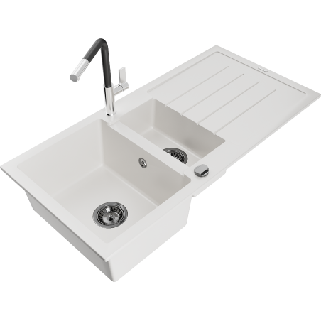 Mexen Andres granite sink 1.5-bowl with drainer and Flora kitchen faucet, white - 6515-20-670401-07-B