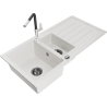 Mexen Andres granite sink 1.5-bowl with drainer and Flora kitchen faucet, white - 6515-20-670401-07-B