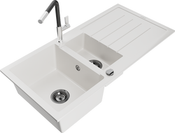 Mexen Andres granite sink 1.5-bowl with drainer and Flora kitchen faucet, white - 6515-20-670401-07-B