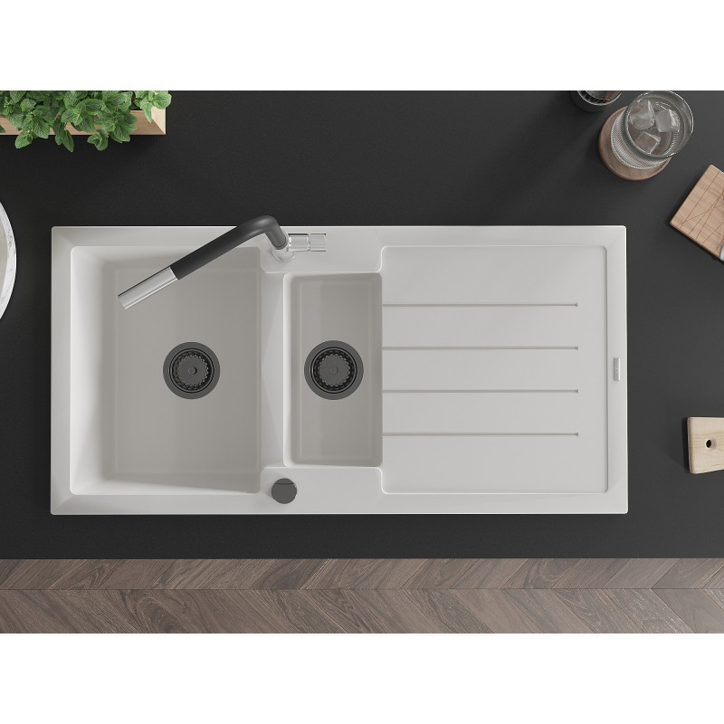 Mexen Andres 1.5-bowl granite sink with drainer and Flora kitchen faucet, white - 6515-20-670401-07-B