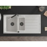 Mexen Andres 1.5-bowl granite sink with drainer and Flora kitchen faucet, white - 6515-20-670401-07-B