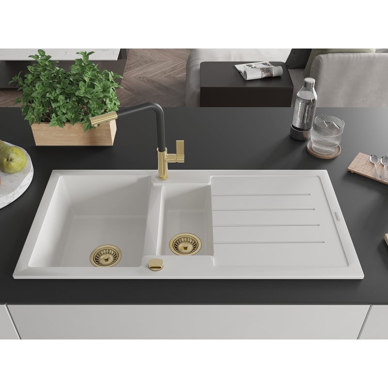 Mexen Andres granite sink 1.5-bowl with drainer and Flora kitchen faucet, white - 6515-20-670401-57-G