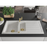 Mexen Andres granite sink 1.5-bowl with drainer and Flora kitchen faucet, white - 6515-20-670401-57-G
