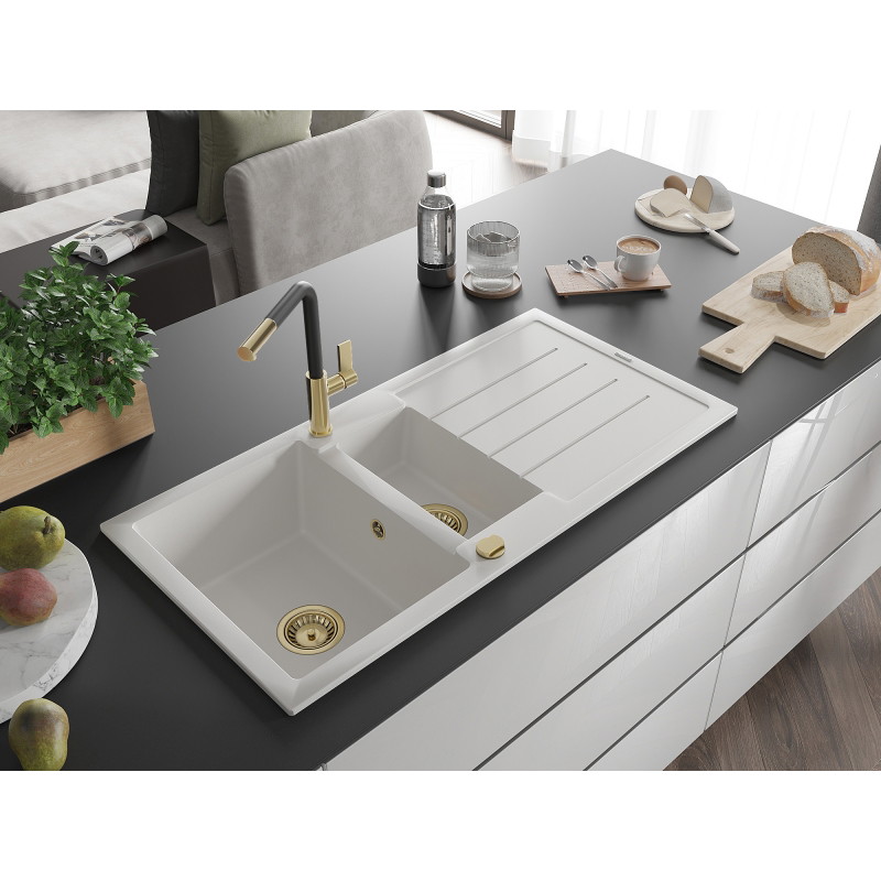 Mexen Andres granite sink 1.5-bowl with drainer and Flora kitchen faucet, white - 6515-20-670401-57-G